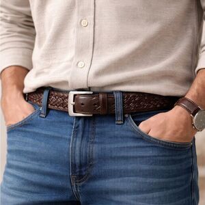 Orvis Brown Leather Braided Belt Silver Buckle Size 38 Men’s